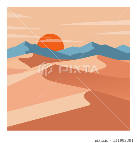 Desert landscape with sun setting behind blue mountains and sand dunes vector illustration 131992391