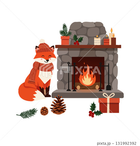 Fox sitting near stone fireplace with burning fire and Christmas decorations vector illustration Fox sitting near stone fireplace with burning fire and Christmas decorations vector illustration 131992392