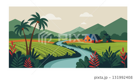 Tropical river landscape with palm trees and farmhouse near mountains vector illustration 131992408