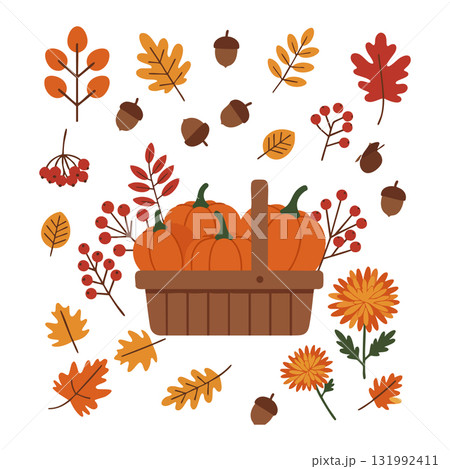 Basket with pumpkins surrounded by autumn leaves acorns and flowers seasonal harvest illustration Basket with pumpkins surrounded by autumn leaves acorns and flowers seasonal harvest illustration 131992411