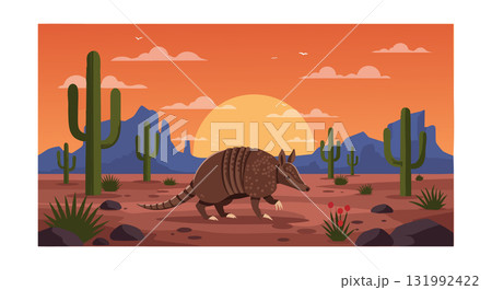 Armadillo walking in desert landscape with cacti sunset and mountains vector illustration Armadillo walking in desert landscape with cacti sunset and mountains vector illustration 131992422