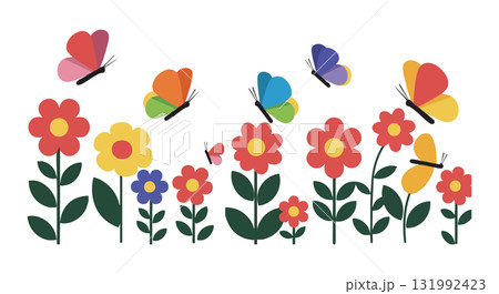 Colorful butterflies flying over vibrant flowers with green leaves vector illustration 131992423