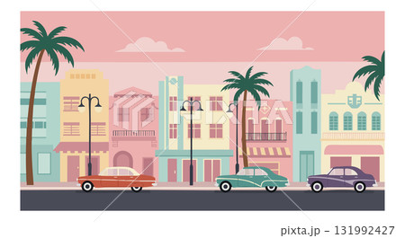 Vintage Convertible Cars on City Street with Palm Trees and Pastel Buildings Vector Illustration 131992427