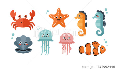 Colorful Cute Sea Animals Vector with Crab Starfish Jellyfish and Clownfish Illustration 131992446