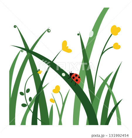 Ladybug on green grass with yellow flowers vector illustration in nature setting 131992454