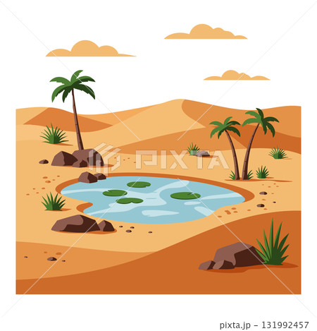 Desert oasis landscape with palm trees water and rocks natural dry environment vector illustration Desert oasis landscape with palm trees water and rocks natural dry environment vector illustration 131992457