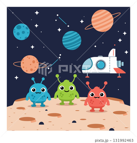 Cute alien creatures on moon with spaceship and colorful planets in space vector illustration 131992463