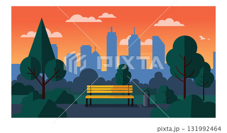 Urban park bench with city skyline and sunset sky in orange and blue colors vector illustration 131992464