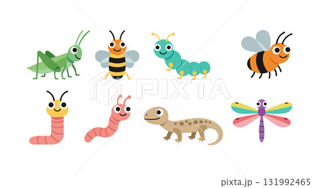 Cute colorful cartoon insects and small animals vector illustration with grasshopper bee caterpillar worm and dragonfly 131992465