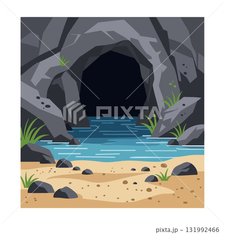 Rocky cave entrance with sandy beach and water landscape illustration vector 131992466