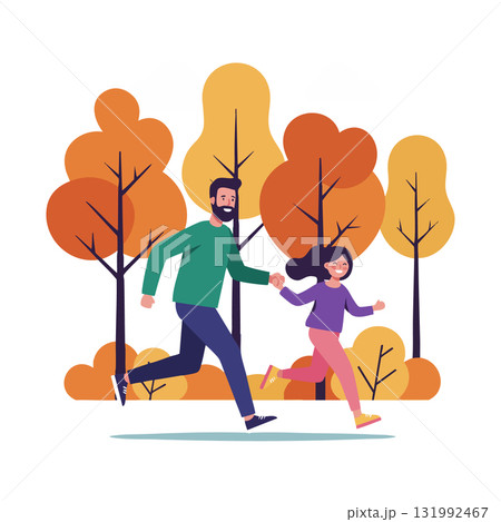 Father and daughter running together in autumn park with colorful fall trees vector illustration Father and daughter running together in autumn park with colorful fall trees vector illustration 131992467