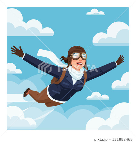 Woman skydiving with aviator goggles and scarf flying through blue sky with clouds vector 131992469