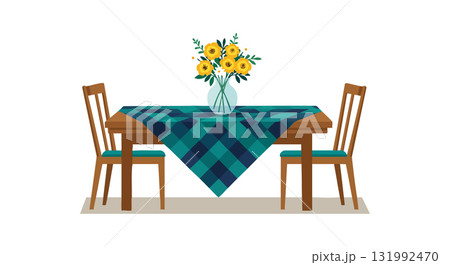 Dining table with yellow flower vase and blue checkered tablecloth simple vector illustration Dining table with yellow flower vase and blue checkered tablecloth simple vector illustration 131992470