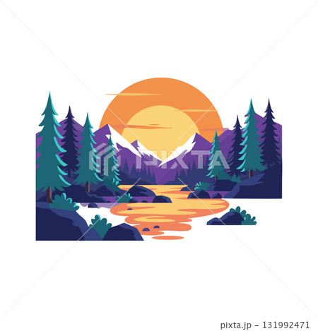 Mountain landscape with sunset over river and pine trees natural scenery vector illustration Mountain landscape with sunset over river and pine trees natural scenery vector illustration 131992471