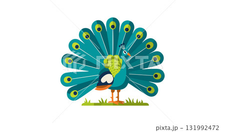 Peacock with Fully Spread Colorful Tail Feathers Standing on Grass Vector Illustration Peacock with Fully Spread Colorful Tail Feathers Standing on Grass Vector Illustration 131992472