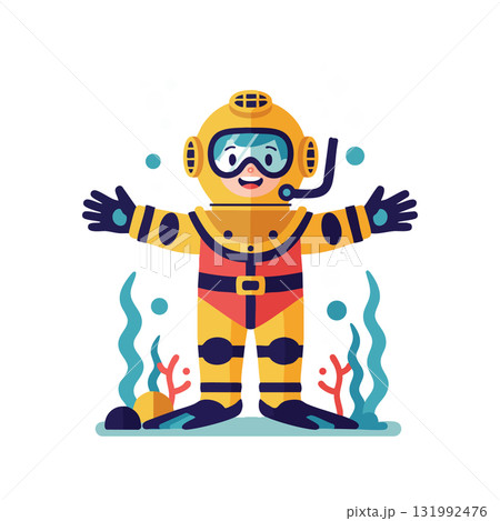 Underwater diver in yellow deep sea diving suit with seaweed and coral vector illustration 131992476