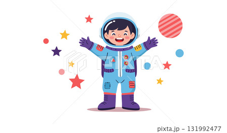 Child astronaut in space suit surrounded by colorful stars and planet vector illustration 131992477