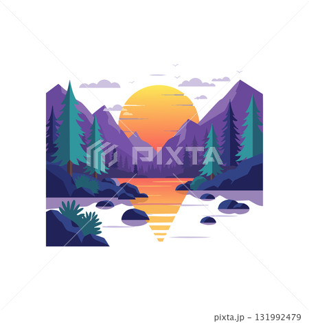 Mountain lake sunset with pine trees and vibrant orange sun reflection vector illustration 131992479