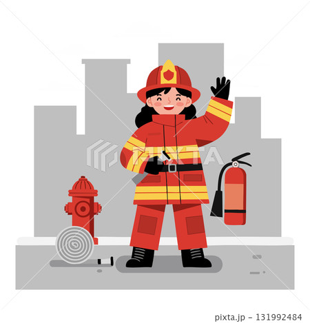 Female firefighter in red uniform with fire extinguisher and hydrant urban background vector illustration Female firefighter in red uniform with fire extinguisher and hydrant urban background vector illustration 131992484