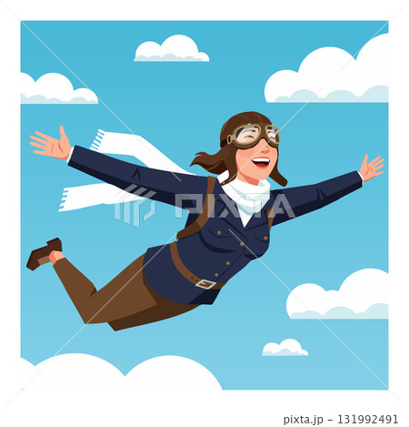 Woman Aviator Flying with Scarf and Goggles in Blue Sky Vector Illustration Woman Aviator Flying with Scarf and Goggles in Blue Sky Vector Illustration 131992491