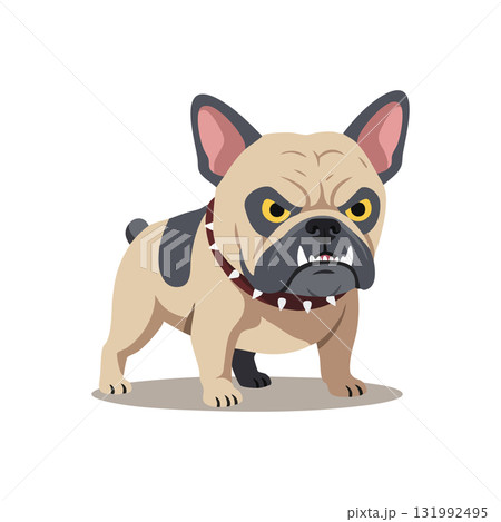 Angry bulldog dog standing with spiked collar vector illustration in beige and black colors Angry bulldog dog standing with spiked collar vector illustration in beige and black colors 131992495