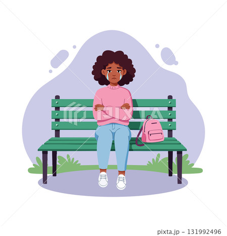 Sad young woman sitting alone on green bench with pink backpack vector illustration 131992496