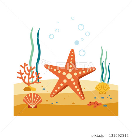 Starfish on sandy sea bottom with shells coral and seaweed underwater scene vector illustration Starfish on sandy sea bottom with shells coral and seaweed underwater scene vector illustration 131992512
