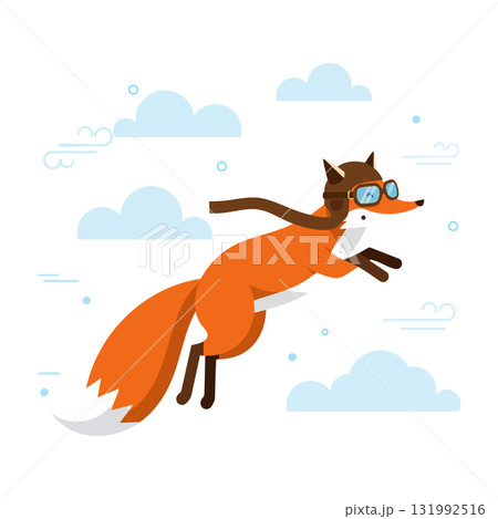 Fox wearing aviator goggles and scarf flying in blue sky vector illustration Fox wearing aviator goggles and scarf flying in blue sky vector illustration 131992516