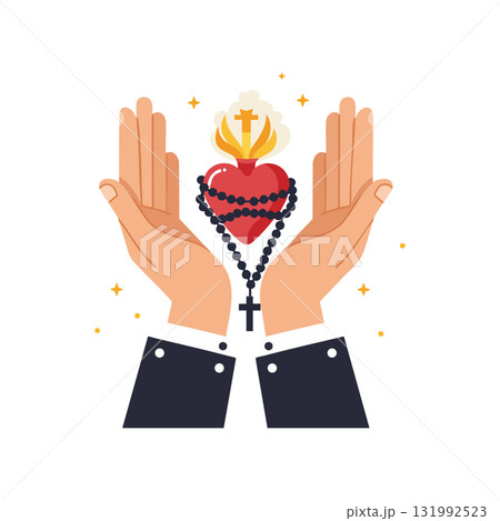 Sacred heart with rosary and praying hands religious Christian symbol vector illustration 131992523