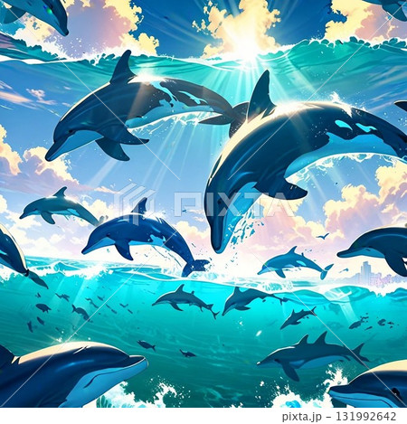 青い海を泳ぐイルカの群れ 131992642