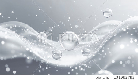 透明な気泡が浮かぶ銀白の背景｜高級感と清潔感を感じる美容イメージ素材 131992793