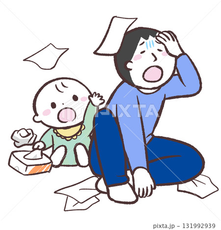 ティッシュを散らかす赤ちゃんと困る男性のイラスト ティッシュを散らかす赤ちゃんと困る男性のイラスト 131992939