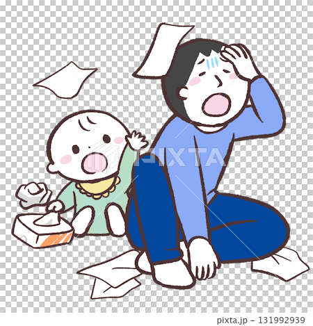 ティッシュを散らかす赤ちゃんと困る男性のイラスト ティッシュを散らかす赤ちゃんと困る男性のイラスト 131992939