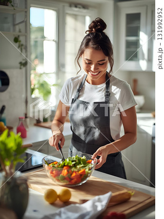 明るいキッチンで料理する女性 131992952