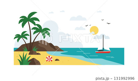 Tropical beach coastline with palm trees sailboat and calm sea landscape vector illustration Tropical beach coastline with palm trees sailboat and calm sea landscape vector illustration 131992996