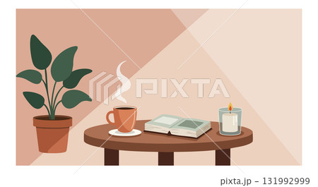 Cozy indoor scene with green plant, steaming coffee cup, book, and lit candle on wooden table 131992999