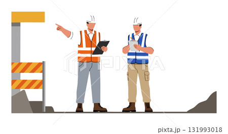Construction workers discussing project plans on site with safety vest and helmet vector illustration Construction workers discussing project plans on site with safety vest and helmet vector illustration 131993018