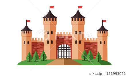 Medieval castle with towers and red flags surrounded by green trees vector illustration Medieval castle with towers and red flags surrounded by green trees vector illustration 131993021