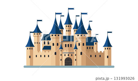 Medieval castle with blue turrets and flags vector illustration in flat style Medieval castle with blue turrets and flags vector illustration in flat style 131993026