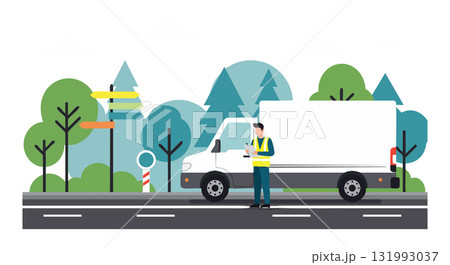 Delivery driver standing near white van by forest road with trees and signpost vector illustration 131993037