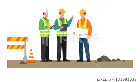 Construction workers discussing project plans on site with safety gear and equipment vector illustration 131993038