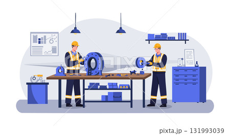 Industrial workers assembling mechanical parts in factory workshop with tools and equipment Industrial workers assembling mechanical parts in factory workshop with tools and equipment 131993039