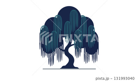Stylized vector illustration of dark blue weeping willow tree with hanging branches and leaves Stylized vector illustration of dark blue weeping willow tree with hanging branches and leaves 131993040