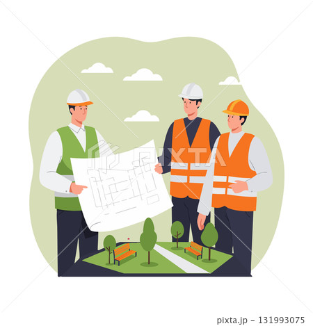 Construction workers examining blueprint plan for urban park development vector illustration Construction workers examining blueprint plan for urban park development vector illustration 131993075