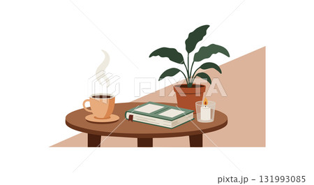 Coffee cup with open book and green plant on round wooden table vector illustration 131993085