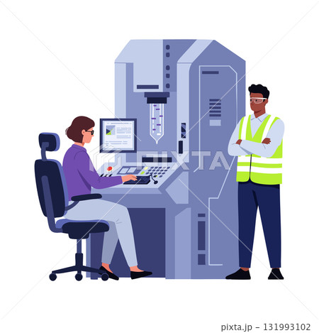 Industrial machine operator and supervisor working with control panel in factory setting vector illustration Industrial machine operator and supervisor working with control panel in factory setting vector illustration 131993102