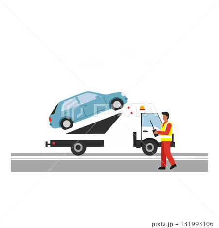 Tow truck lifting blue car with operator in safety vest roadside scene vector illustration 131993106