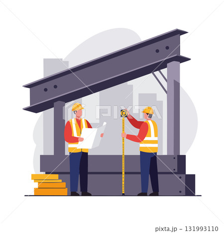 Construction engineers measuring steel beam at building site vector illustration in safety gear Construction engineers measuring steel beam at building site vector illustration in safety gear 131993110