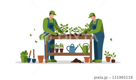 Gardeners Growing Plants Caring for Greenery in Outdoor Garden Vector Illustration 131993119