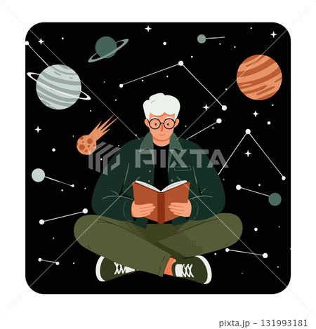 Elderly man reading book about planets and constellations in space vector illustration 131993181
